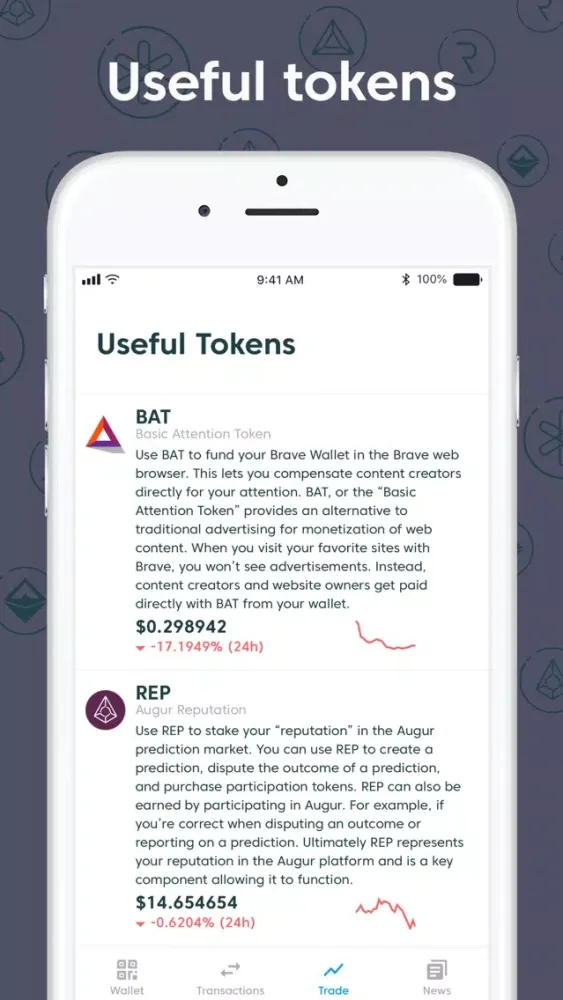 Capturas de tela do Ethex Trade Wallet