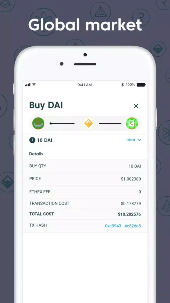 Capturas de tela do Ethex Trade Wallet
