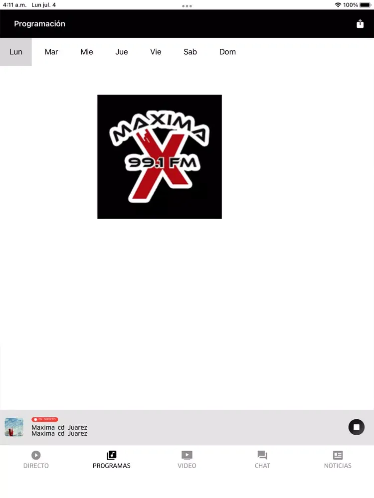 Tangkapan skrin Maxima 99.1 Juarez iPad 