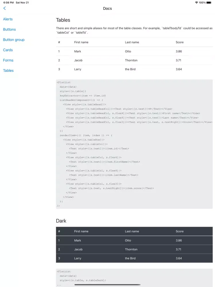 ภาพหน้าจอของ React Native Bootstrap Styles iPad