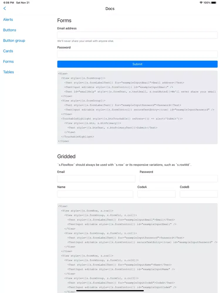 ภาพหน้าจอของ React Native Bootstrap Styles iPad