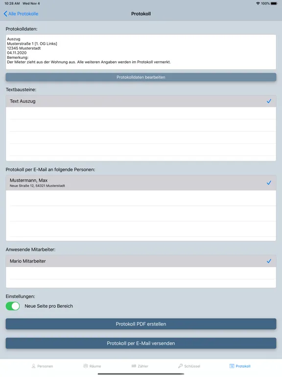 ภาพหน้าจอของ Protokoll Report iPad 