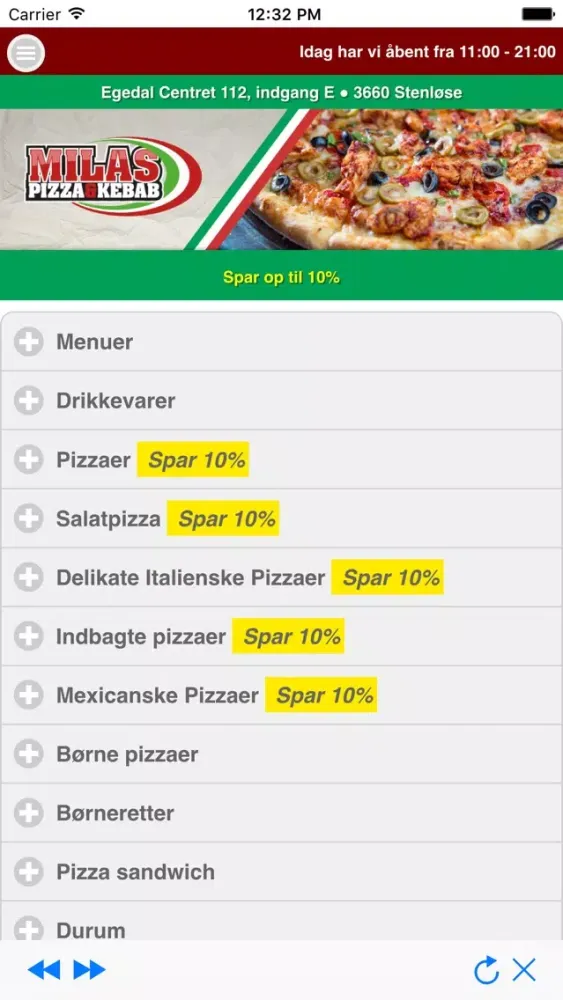 Tangkapan layar Milas Pizza & Kebab Stenløse