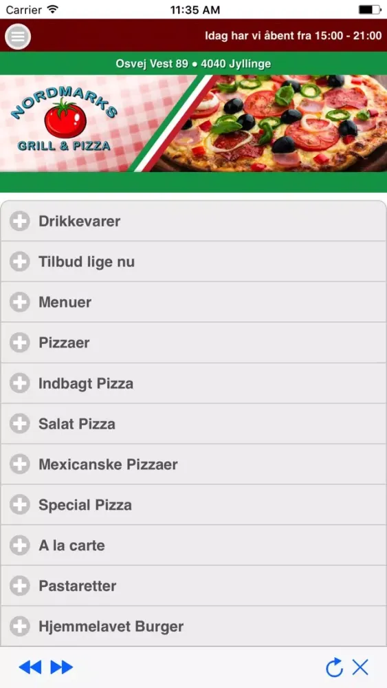 Tangkapan skrin Nordmarks Pizza