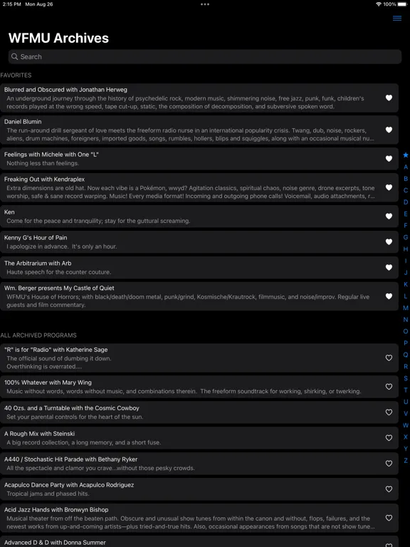 Tangkapan skrin WFMU Archive Bunker iPad 