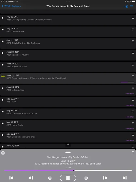 Tangkapan skrin WFMU Archive Bunker iPad 
