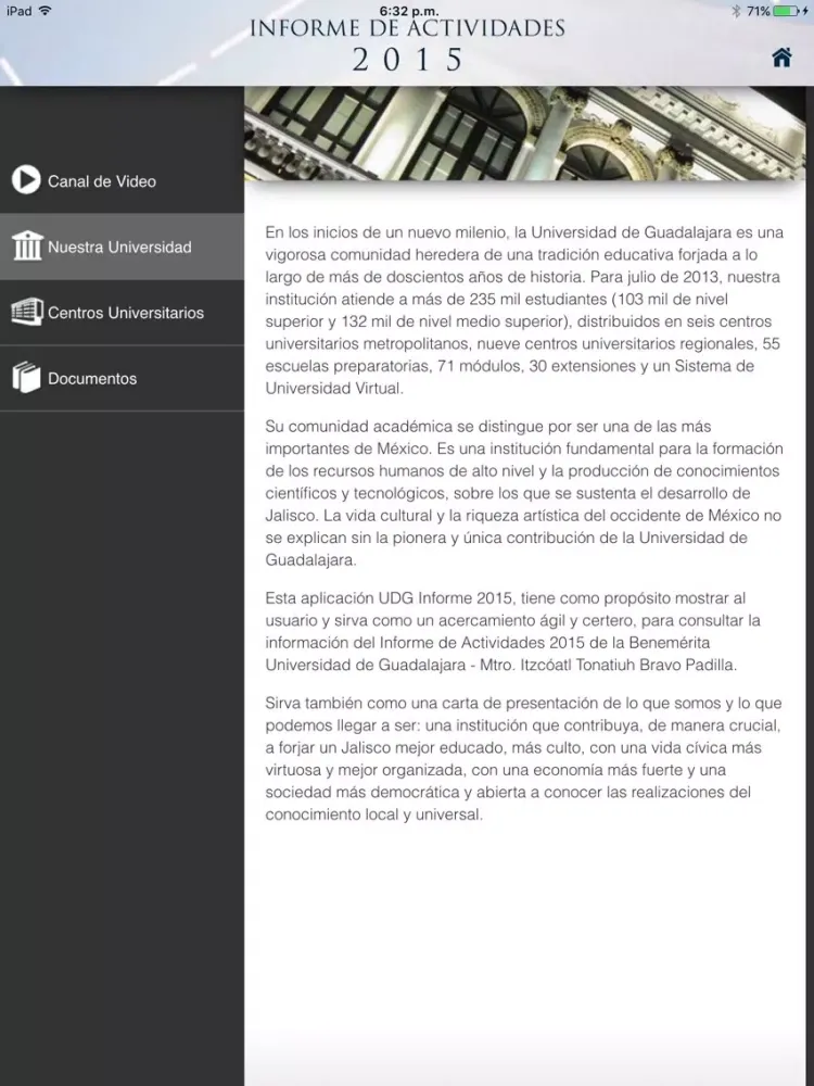 Ảnh chụp màn hình của Informe de Actividades 2015 UdeG iPad 