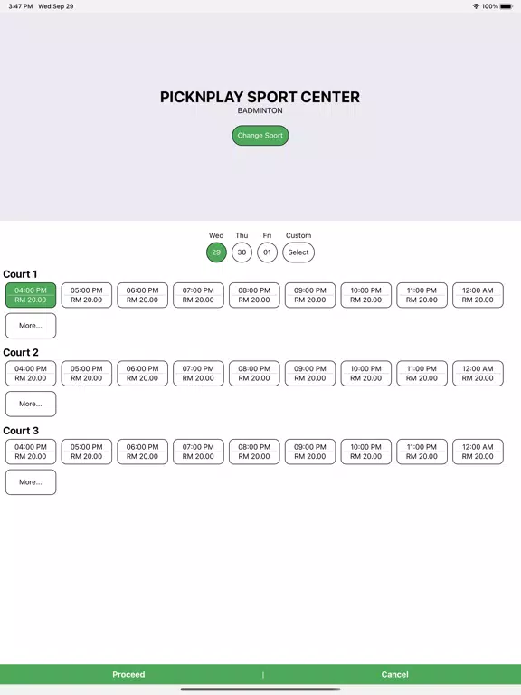 PickNPlay Facility iPad  Screenshots