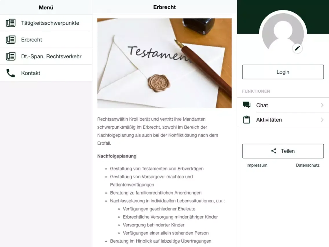 Tangkapan layar Katharina Kroll Rechtsanwältin iPad 