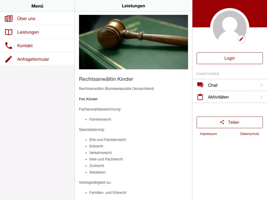 Tangkapan layar Fee Kinder Rechtsanwältin iPad 