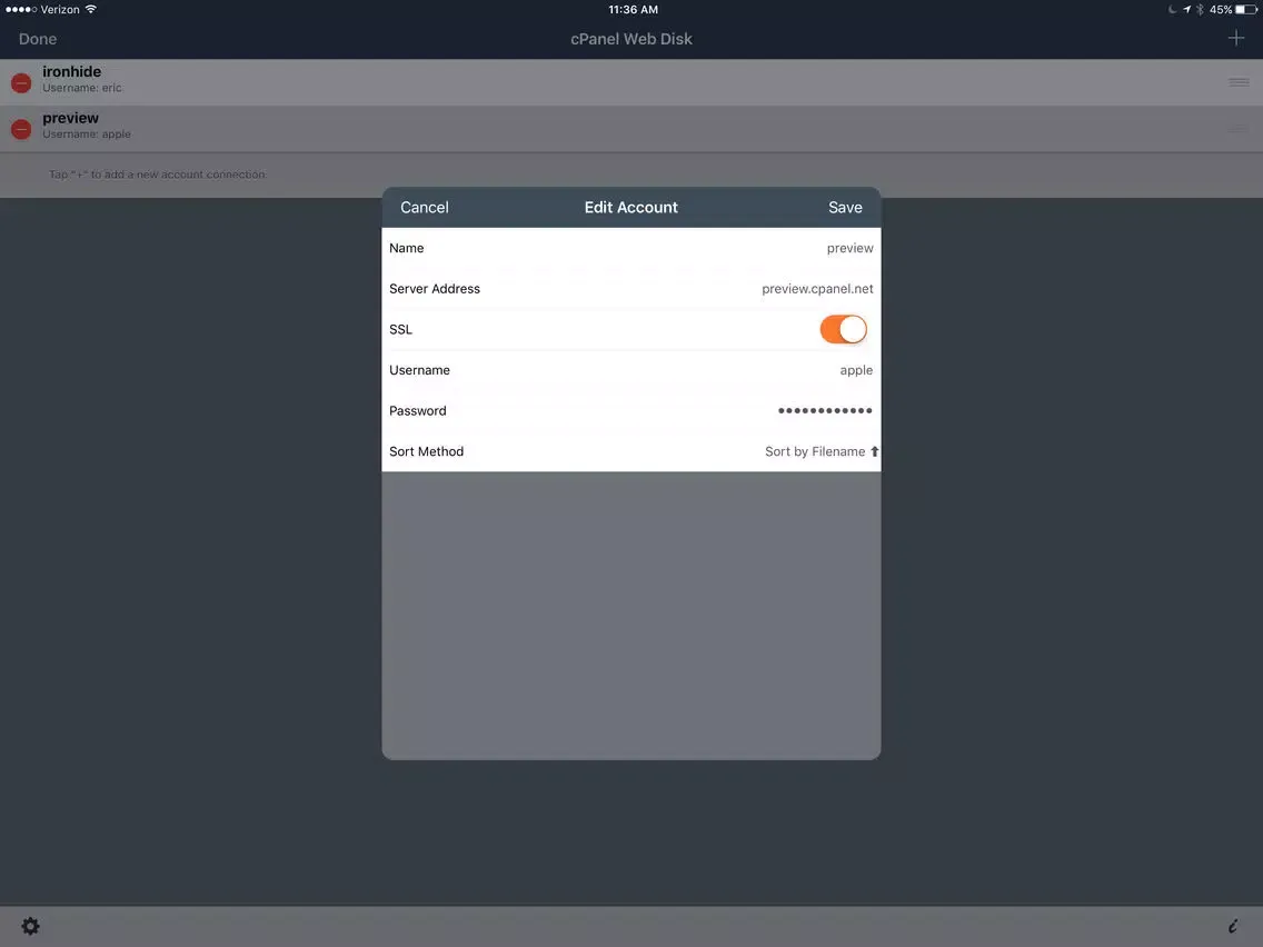 Tangkapan skrin cPanel Web Disk iPad