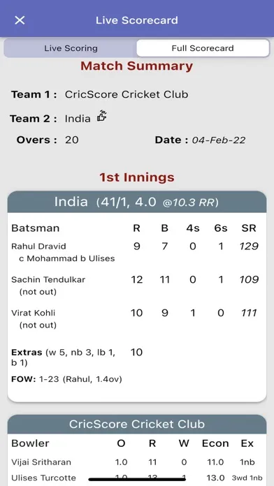 Tangkapan skrin CricScore -Cricket Scoring App