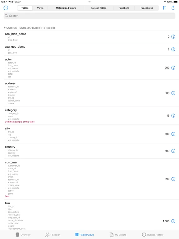Tangkapan layar PostgreSQL Client iPad