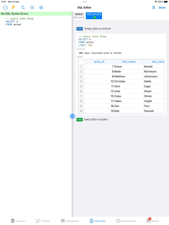 Tangkapan layar PostgreSQL Client iPad