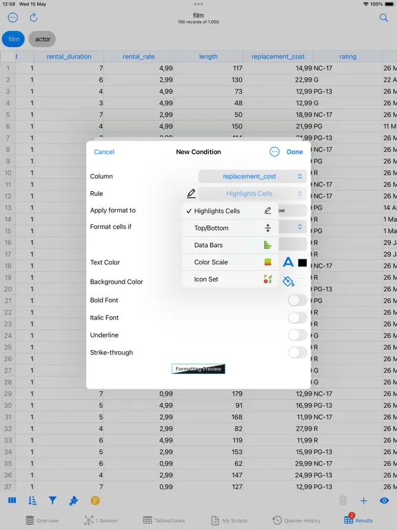 Tangkapan layar PostgreSQL Client iPad