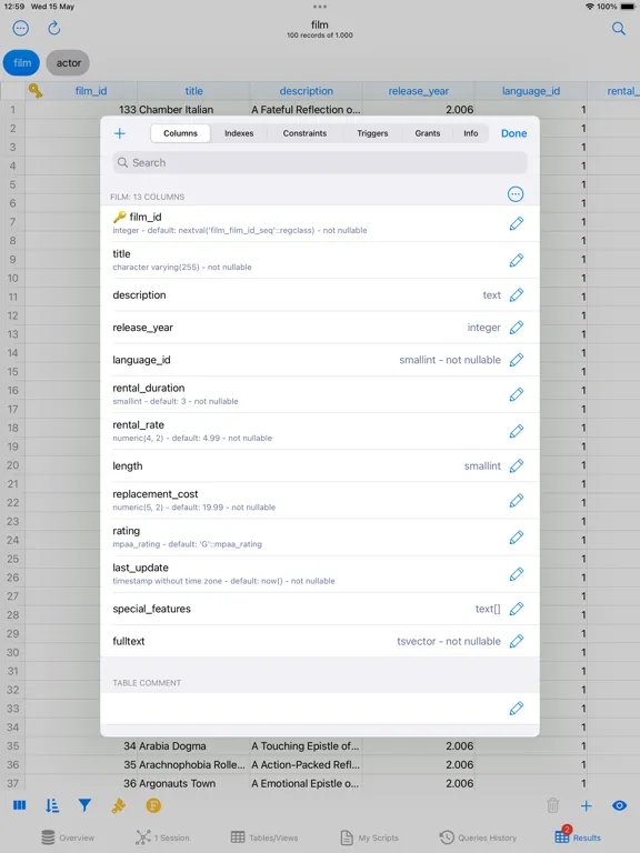 Tangkapan layar PostgreSQL Client iPad