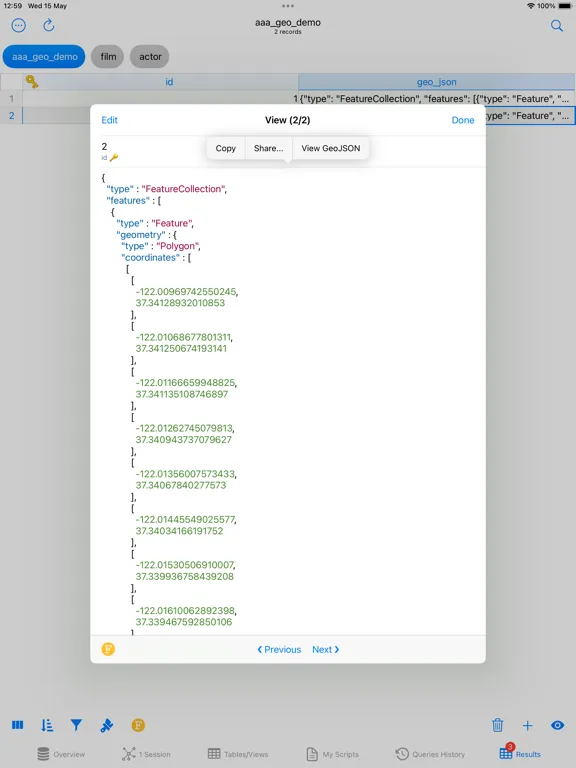 Tangkapan layar PostgreSQL Client iPad
