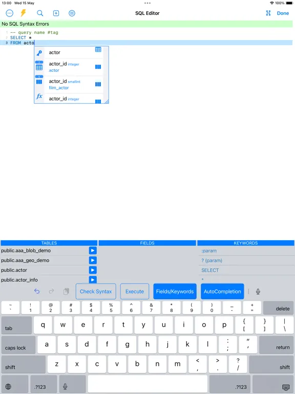 Tangkapan layar PostgreSQL Client iPad