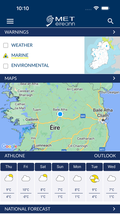 Capturas de tela do Met Éireann Weather Ireland