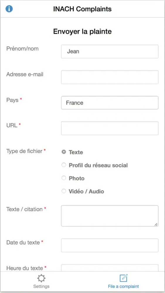 Capturas de tela do INACH's Cyber Hate Complaints