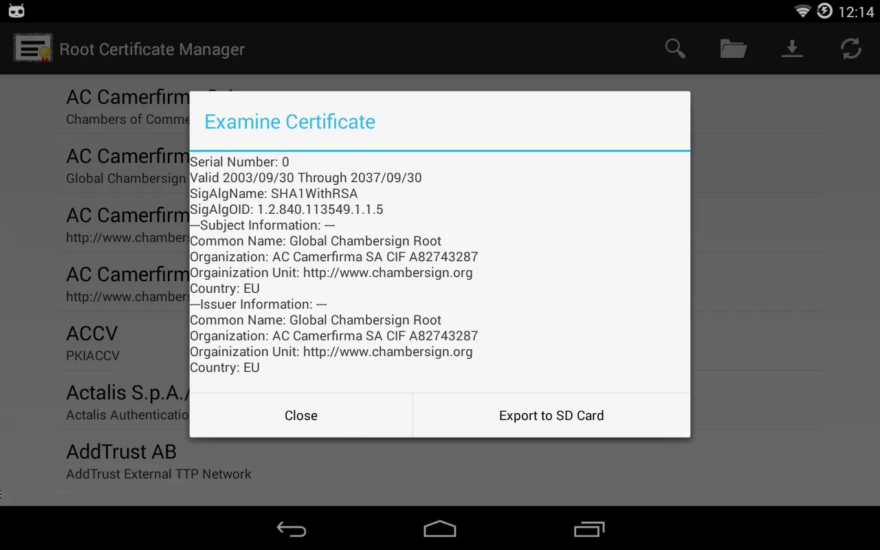 Captures d'écran de Root Certificate Manager