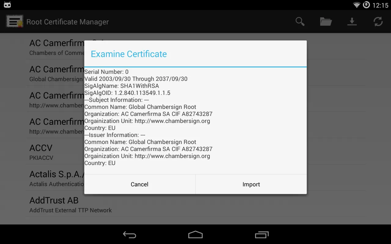 Captures d'écran de Root Certificate Manager
