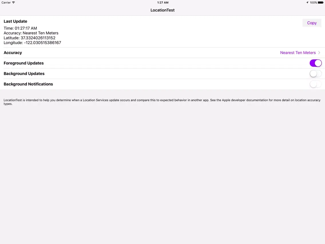 Tangkapan layar LocationTest Utility iPad