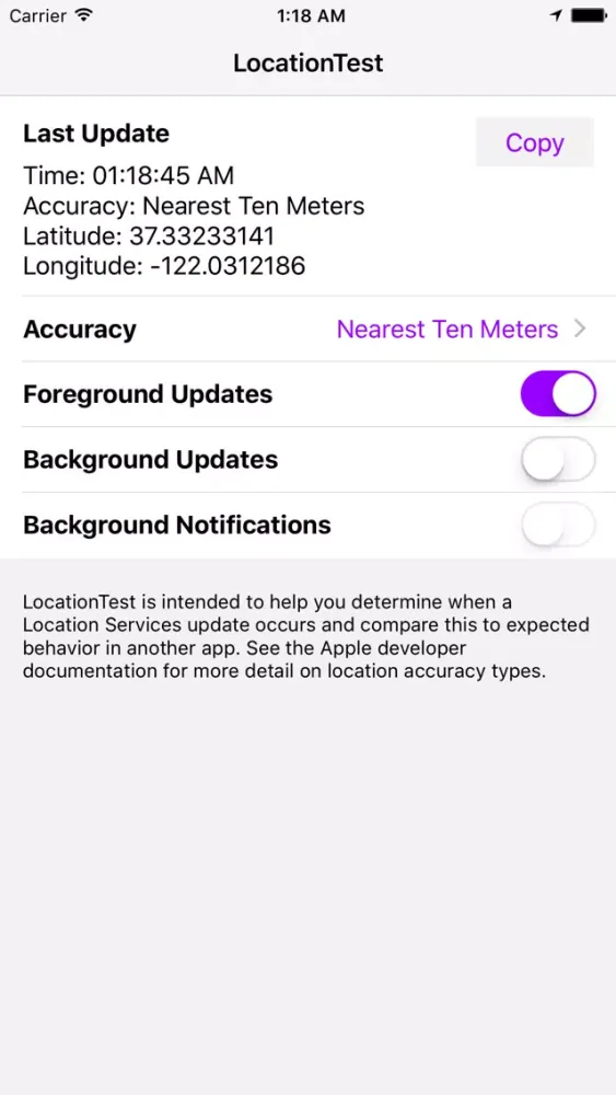 Tangkapan layar LocationTest Utility