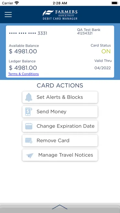 ภาพหน้าจอของ MyFarmers Debit Card Manager