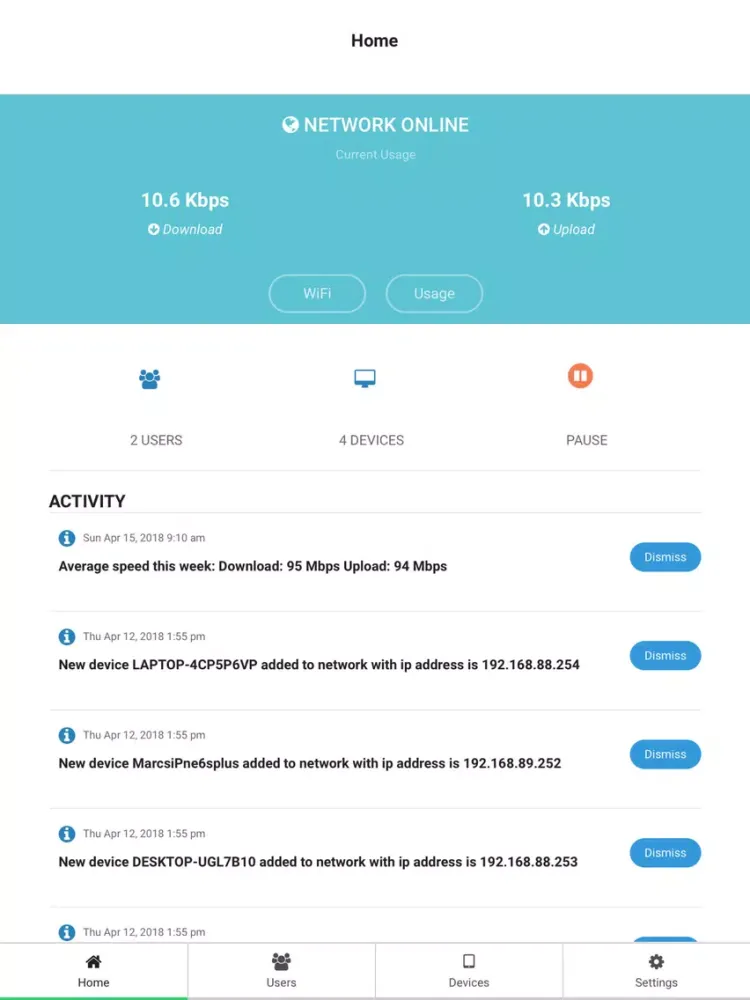 Tangkapan layar Ptera Managed WiFi iPad 