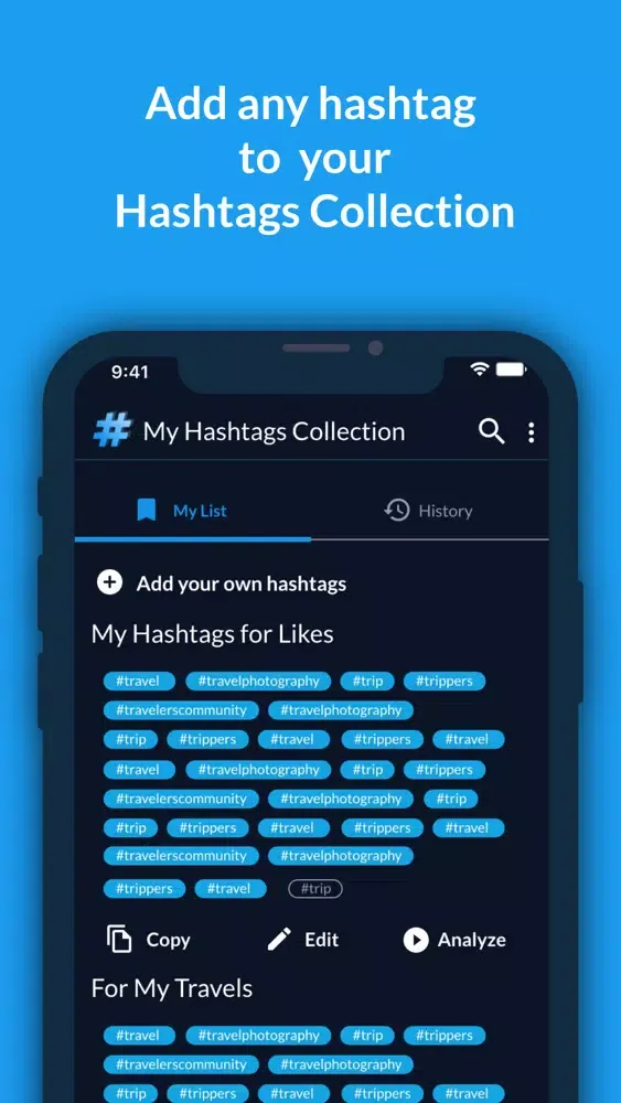 Tangkapan layar Hashtags Manager: AI