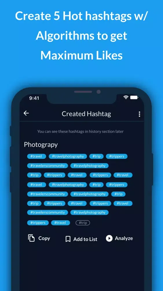 Tangkapan layar Hashtags Manager: AI