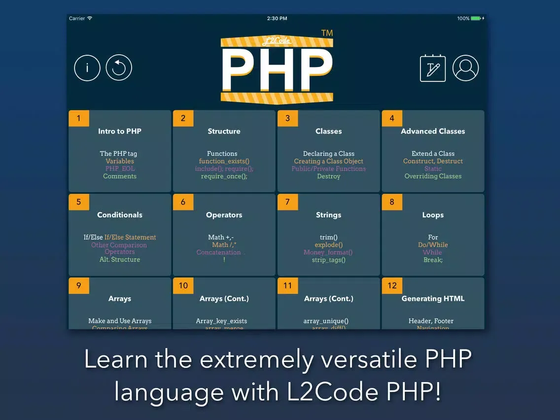 Tangkapan layar L2Code PHP - Learn write PHP iPad