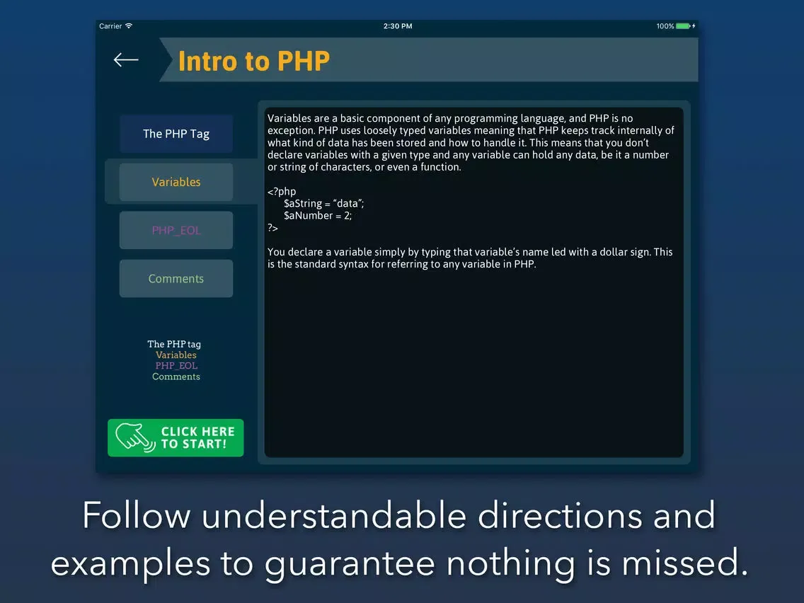 Tangkapan layar L2Code PHP - Learn write PHP iPad