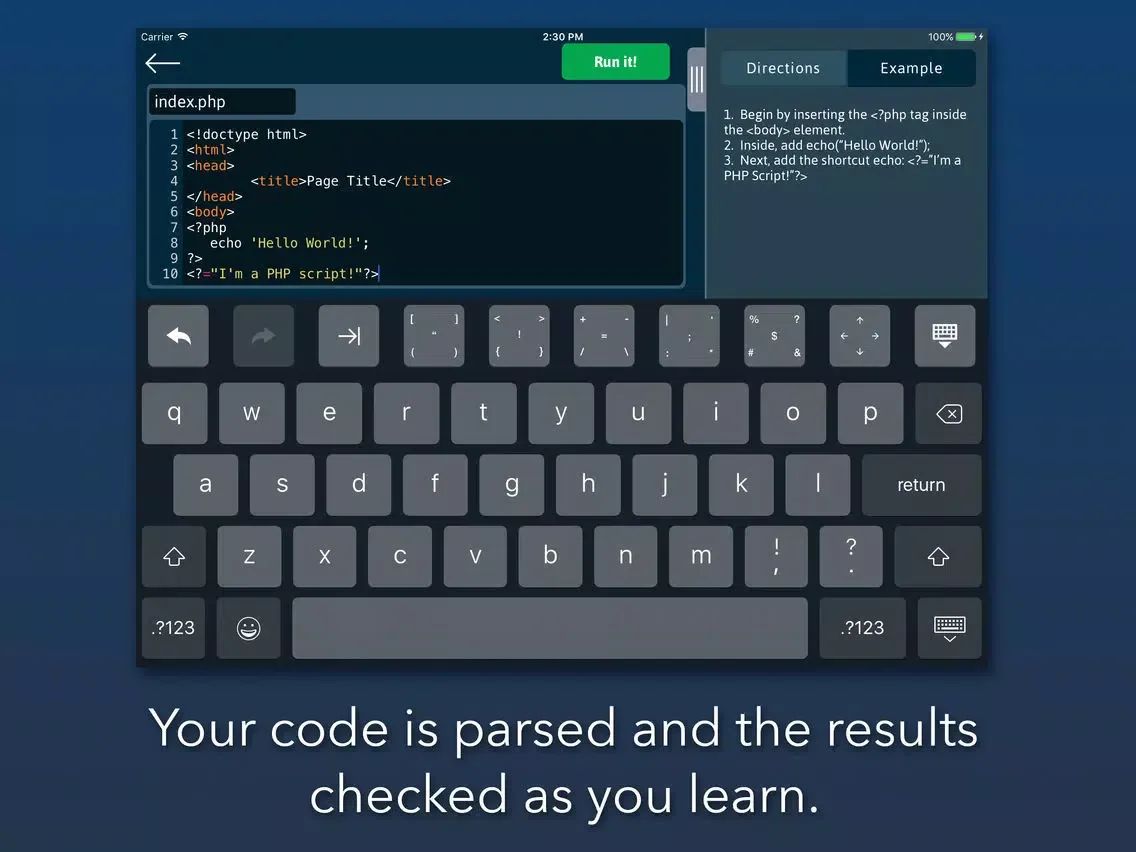 Tangkapan layar L2Code PHP - Learn write PHP iPad