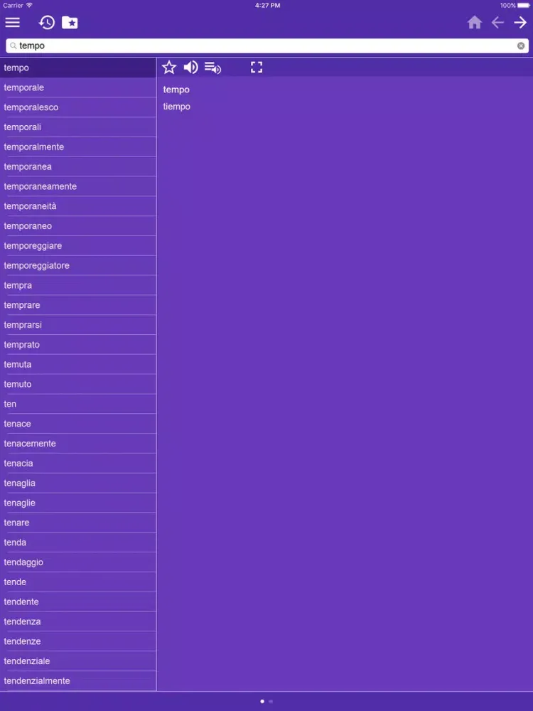 Tangkapan skrin Spanish Italian dictionary iPad 