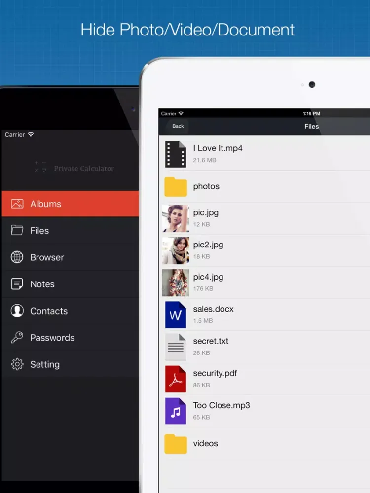 Fake Calculator Free - hide and browse your secret video photo slider and document safely iPad  스크린샷