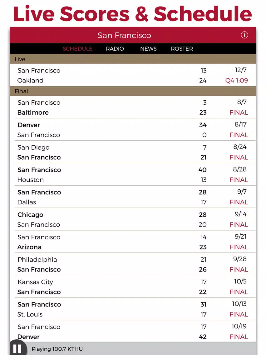 San Francisco Football Radio & Live Scores iPad  Screenshots