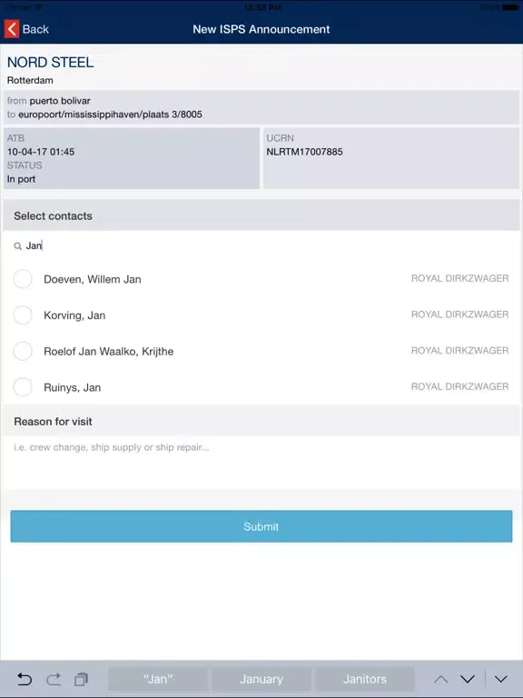 Ảnh chụp màn hình của Ship2Report ISPS Announcement Service iPad 