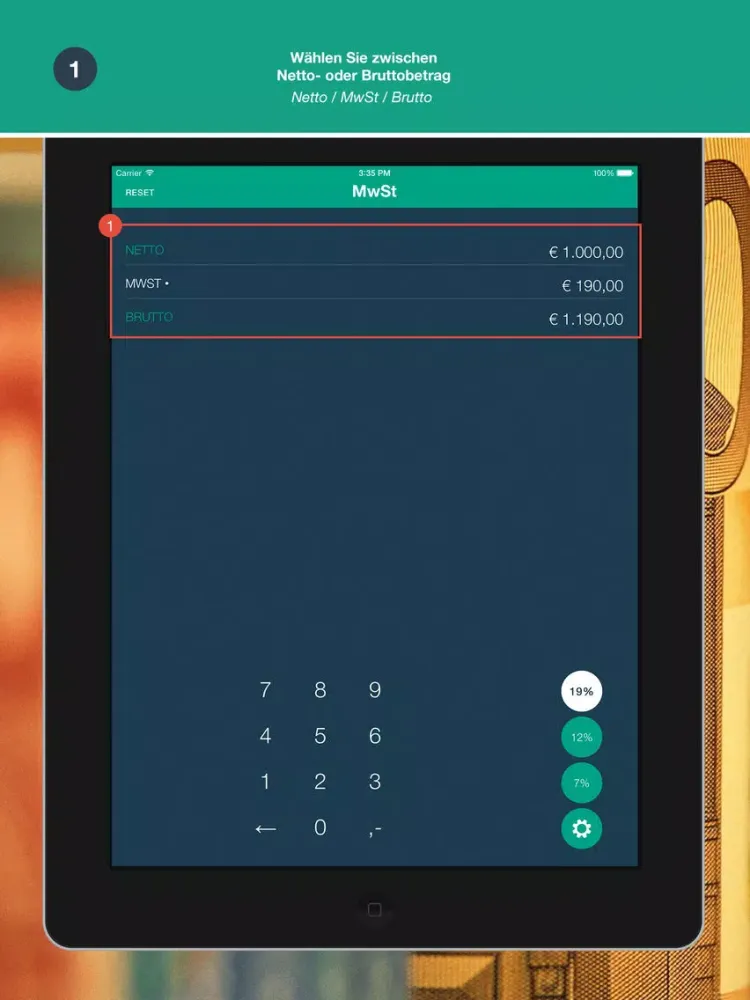 Ảnh chụp màn hình của MwSt.-Rechner - App von Quizzicals und Spark.ID iPad 