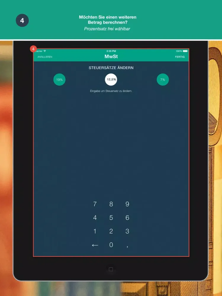 Ảnh chụp màn hình của MwSt.-Rechner - App von Quizzicals und Spark.ID iPad 