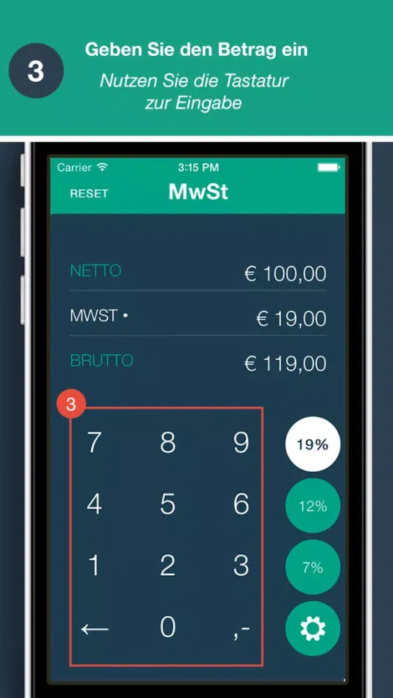 Ảnh chụp màn hình của MwSt.-Rechner - App von Quizzicals und Spark.ID
