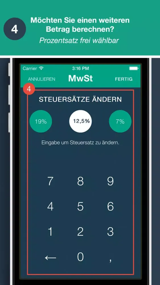 Ảnh chụp màn hình của MwSt.-Rechner - App von Quizzicals und Spark.ID