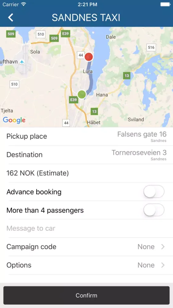 Tangkapan skrin Sandnes Taxi+