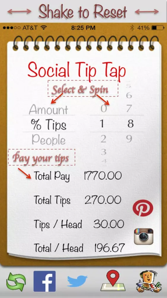 Screenshot di Social Tip Tap - Engage in a social dining experience with free tip calculator, share experience with Instagram, Pinterest, Twitter and Facebook, call cab, find nearby bars and restaurants