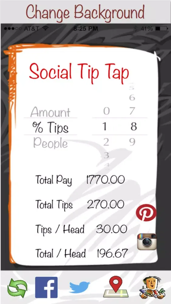 Screenshot di Social Tip Tap - Engage in a social dining experience with free tip calculator, share experience with Instagram, Pinterest, Twitter and Facebook, call cab, find nearby bars and restaurants