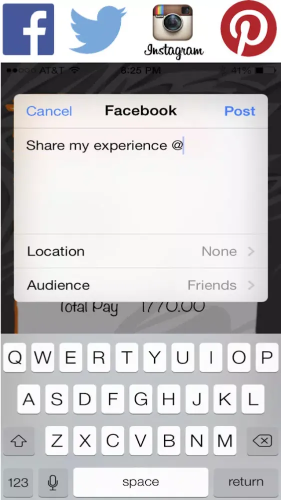 Screenshot di Social Tip Tap - Engage in a social dining experience with free tip calculator, share experience with Instagram, Pinterest, Twitter and Facebook, call cab, find nearby bars and restaurants
