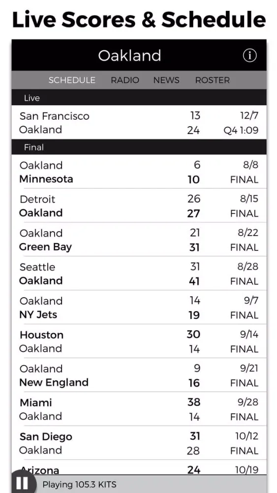 Capturas de tela do Oakland Football Radio & Live Scores