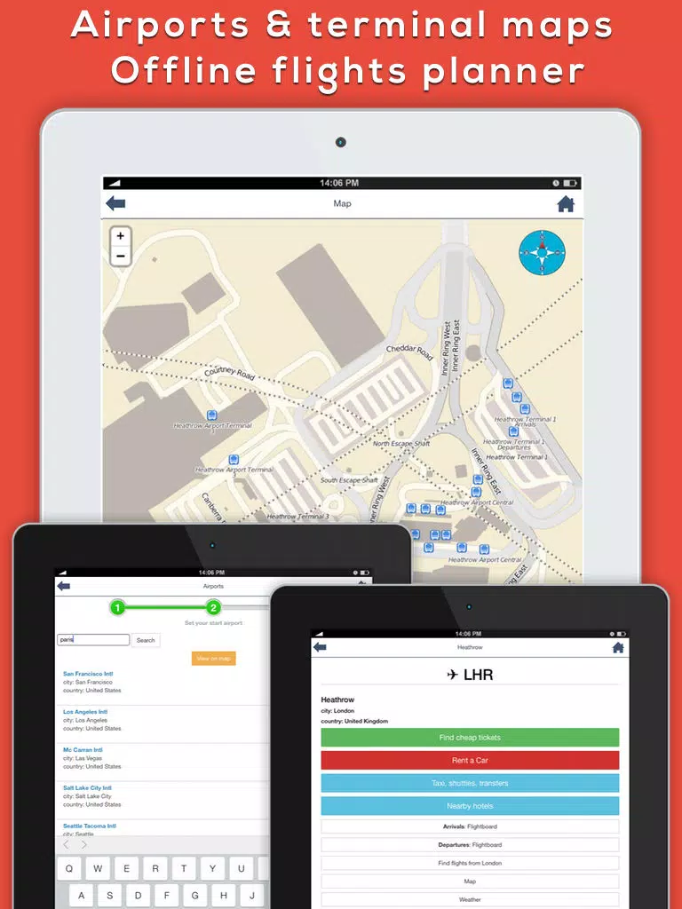 Zrzuty ekranu Incheon INC Airport. Flights, car rental, shuttle bus, taxi. Arrivals & Departures. iPad 