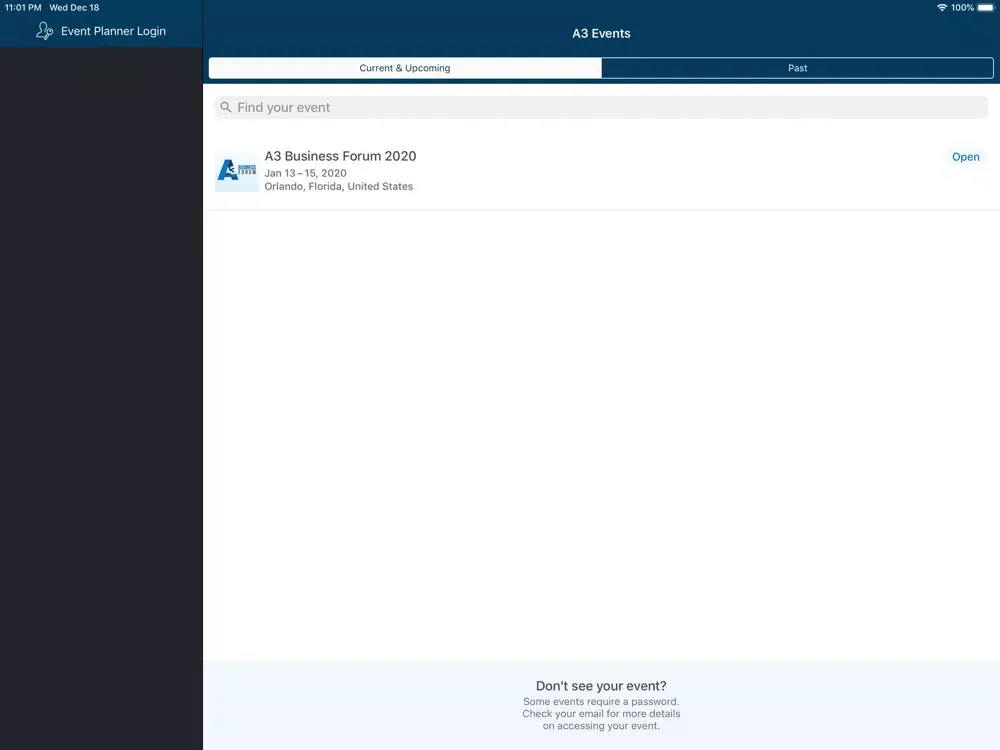 Tangkapan layar A3 Event Apps iPad 
